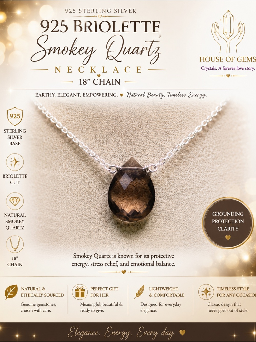 Smokey Quartz 925 Sterling Silver Briolette Necklace 18”